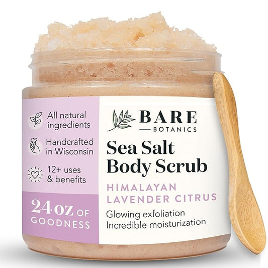 Bare Botanics Body Scrub 24 oz - Naturally Scented Salt Scrub Made in Madison WI - Formulated w/Skin Loving Moisturizers - Cruelty Free Exfoliator w/a Cute Wooden Spoon - Himalayan Lavender Citrus
