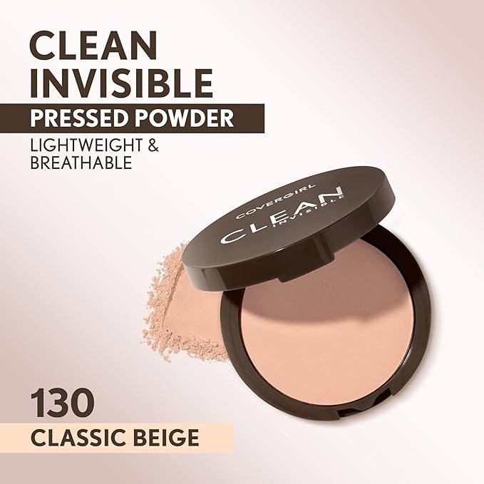 Covergirl Clean Invisible Pressed Powder, Lightweight, Breathable, Vegan Formula, 130 - Classic Beige, 0.38oz (Pack of 2)