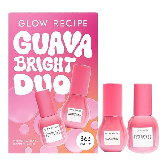 Glow Recipe Guava Brightening Korean Skincare Gift Set - Vitamin C Under Eye Cream Treatment + Hydrating Vitamin C Dark Spot Face Serum with Niacinamide & Peptides, Travel Size (2 Count)