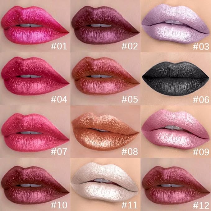 evpct 1Pcs Dark Red Metallic Shimmer Glitter Lip Gloss Liquid Lipstick Long Lasting Waterproof 24, Glitter Pearlescent Metallic Sparkly Glossy Liquid Lipsticks Lip Stain Makeup Set for Women 10#