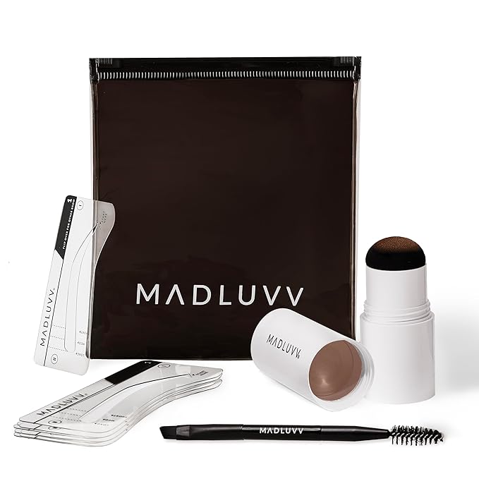 MADLUVV Brow Stamp Kit with Brow Stencils – Easy Eyebrow Shaper for Natural-Looking Brows – Popular Eyebrow Stencil Kit Used by Professionals – 9 Shapes, Spoolie, Travel Bag & Stamp (Auburn)