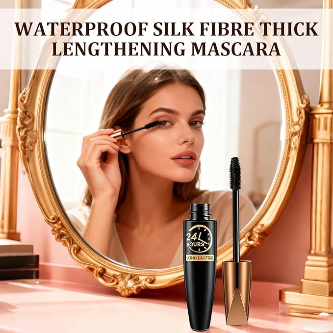 2 Pack 4D Silk Fiber Lash Mascara, Waterproof Silk Fibre Thick Lengthening Mascara