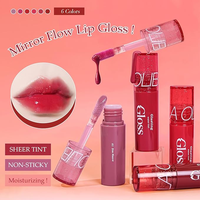 Mirror Flow Lip Gloss - Water Mirror Effect, High-Shine & Non-Sticky, Long Lasting Hydrating, Volumizing, Reduces Lip Lines, No Pigment Deposition, 6 Shades (0.12 fl.oz)