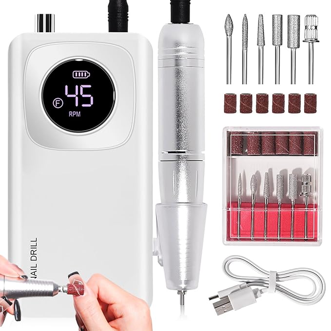 ANRLO Professional Electric Nail Drill, 45000 RPM Cordless Rechargeable E-File Machine, with 12 Bits, Sanding Bands, LCD Display for Acrylic Gel Nails (DMJ-V4-WHITE-USB)