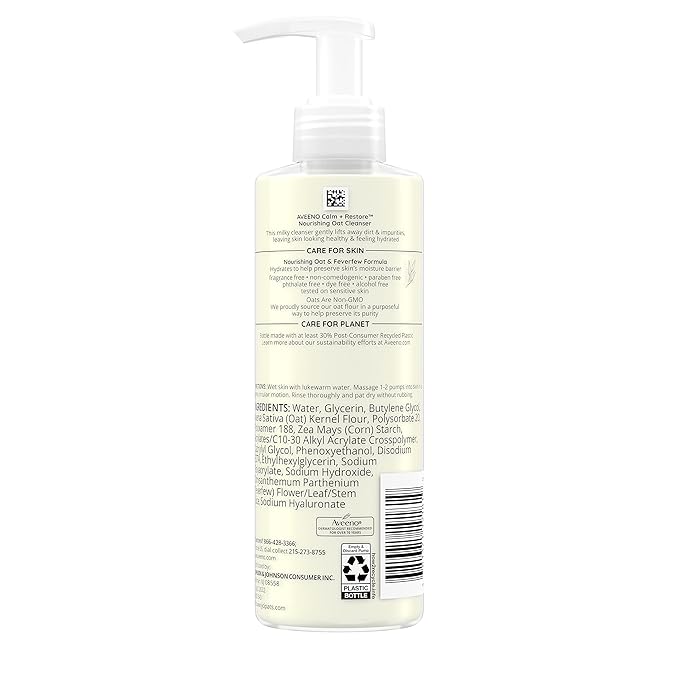 Aveeno Calm + Restore Nourishing Oat Cleanser, Daily Hydrating Facial Cleanser & Face Wash for Sensitive Skin, Non-Foaming, Hypoallergenic, Non-Comedogenic, Fragrance-Free, with Feverfew, 7.8 fl oz