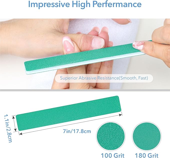 GazePlus Nail File, 50 Pcs Nail Files 7" Long 100/180 Grit for Acrylic Nails Gel Nails Dip Powder Nails Poly Gel Washable Reusable Double Sided Buffering