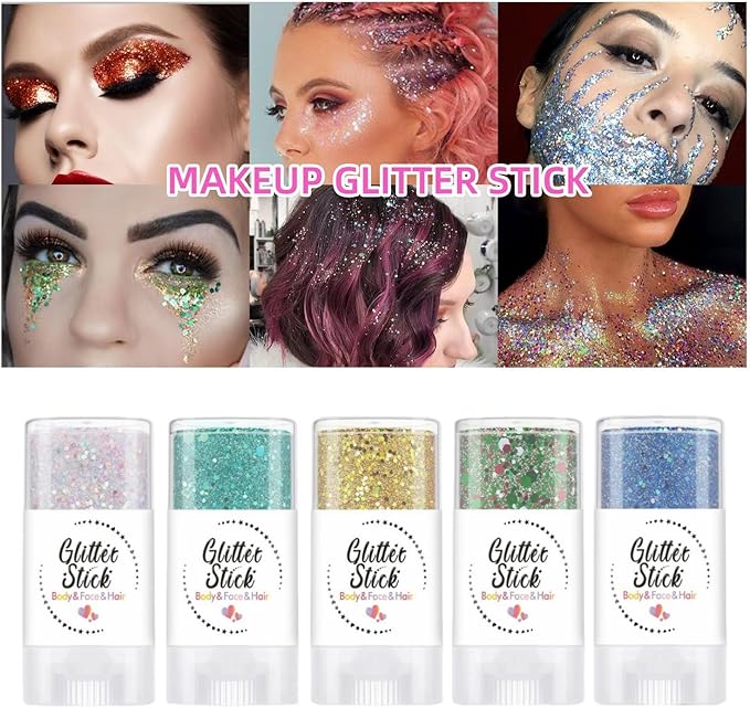 Green Body Glitter Stick, Perfect Holographic Sequins Face Paint Glitter Neon Outfit Rave Festival Party Accessories Hair and Body Glitter Gel Makeup
