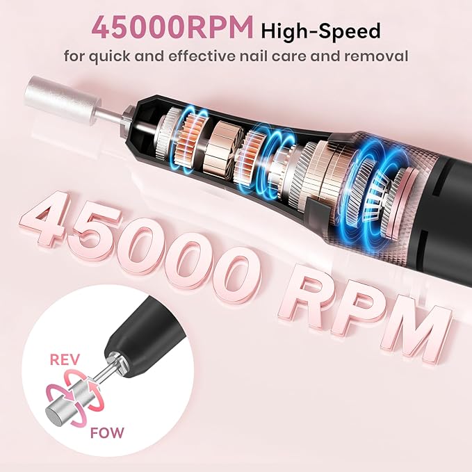 Professional Electric Nail Drill 45000RPM, Portable Nail File for Acrylic Gel Nails, Cordless Rechargeable Salon-Grade Ultra Power Nail Drill Kit for Shaping, Polishing & Removing Gel Nails,Black