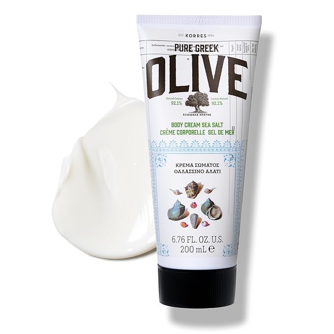 KORRES Olive Body Lotion for Dry Skin, Moisturizer Cream with Vitamin E, Aloe and Pure Greek Olive Oil for Body Care, Hydrating and Nourishing for Smooth, Supple Skin, Sea Salt Scented, 6.76 fl oz