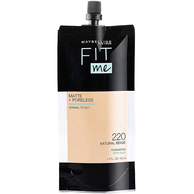 Maybelline New York Fit Me Matte + Poreless Liquid Foundation, Pouch Format, 220 Natural Beige, 1.3 Ounce