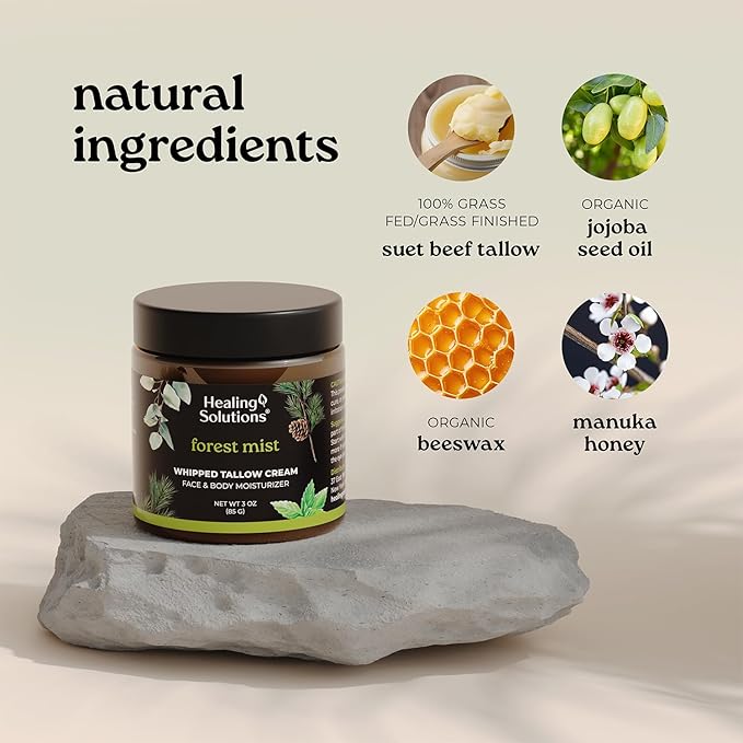 Healing Solutions - Whipped Tallow Balm, Eucalyptus, Peppermint & Cedarwood, 100% Grass Fed/Grass Finished Beef Tallow w/Organic Jojoba & Manuka Honey for Skin, Face & Body Moisturizer, Made in USA