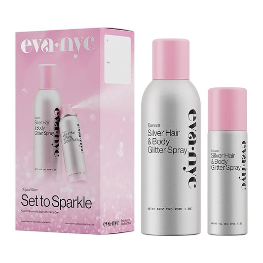 Eva NYC Kweeen Silver Hair and Body Glitter Spray Set - Original Ultra Shimmery Glitter, New Look - Adds Shine + Non-Sticky - Quick Drying Spray - Warm Vanilla Scent - Full Size + Travel Size Gift Set
