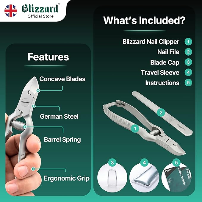 Blizzard Professional Toe Nail Clippers for Men - Podiatry Heavy Duty Toenail Clippers for Seniors with Metal Nail File - Podiatrist Ingrown Toenail Tool Set Including Fingernail File