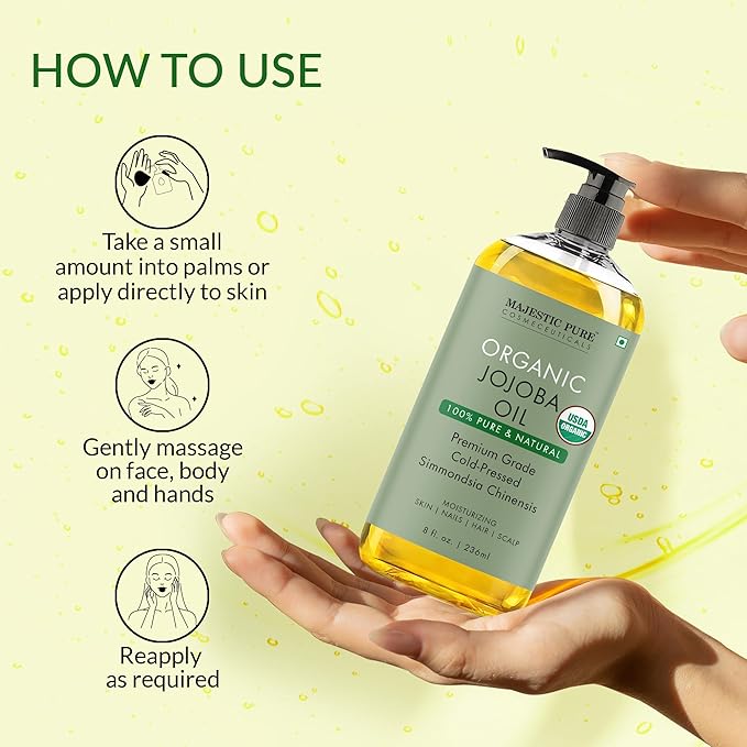 Majestic Pure USDA Organic Jojoba Oil - 100% Pure & Natural - Premium Grade, Cold-Pressed, Hexane-Free Carrier Oil for Skin, Hair and Body - Moisturizing Skin, Hair and Scalp - 8 Fl Oz