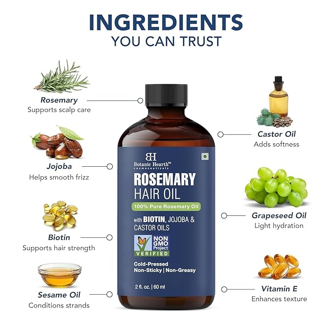 Botanic Hearth Hair Oil for Hair Growth | Rosemary Oil for Hair Growth with Biotin, Castor & Jojoba | Scalp Oil & Dry Scalp Treatment | Color Safe | All Hair Types| 2 Fl Oz