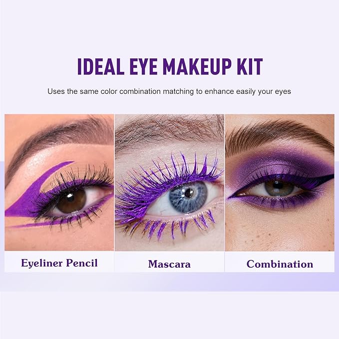 Purple Eyeliner Mascara Set, 5D Colored Mascara Volume Length Smudge-Proof Smooth Shine Gel Eyeliner Pencil Waterproof Natural Curling Purple Mascara for Eyelashes Makeup for Women