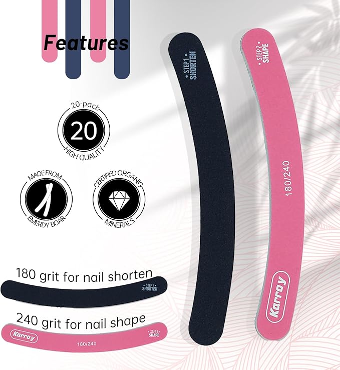 Karroy Nail File 20pcs Dual Sided Nail Files for Natural Nails Emery Boards Nail Filer for Acrylic Nail 180/240 Grit