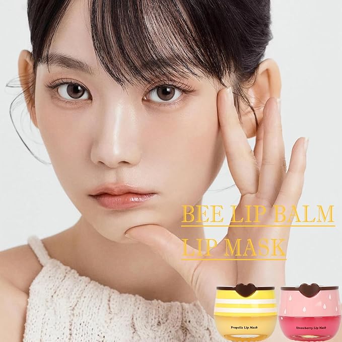 2 PCS Bee Lip Balm Lip Mask Honey Pot, Honey & Strawberry Lip Mask Propolis Moisturizing Lip Balm with Stick - Hydrating Prevention Dry and Cracked Lip Scrubs Exfoliato Lip Wrinkle Care
