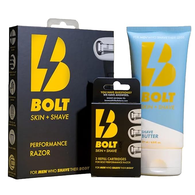 BOLT Skin + Shave - Starter Kit Black Edition - Performance Razor, Shave Butter & 3 Refill Cartridges - Smooth Shave for Body & Legs