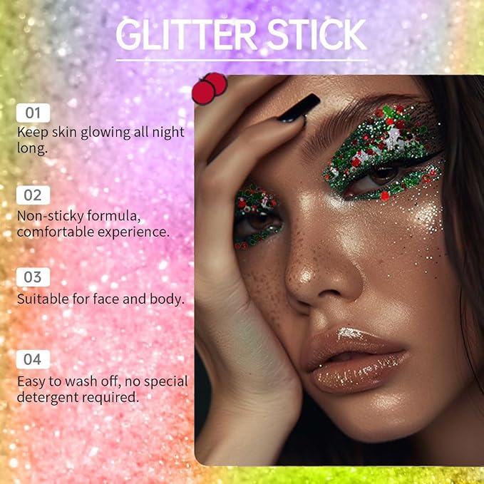 Body Glitter Stick, Sparkling Neon Outfit Holographic Sequins Glitters for Eye Lip Hair Nails Face and Body Glitter Gel Makeup (Red & Green& White)