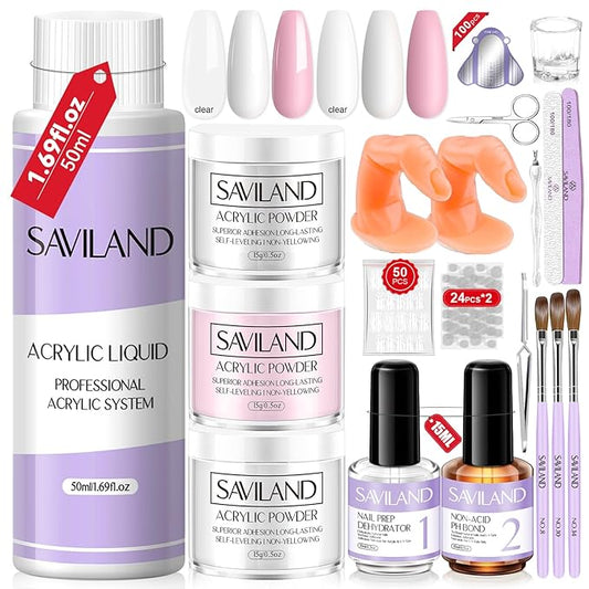 SAVILAND Acrylic Nail Kit for Beginners: White Pink Clear Acrylic Powder and Liquid Set with Nail Dehydrator Primer Brushes Forms Tips Tools Nails Kit Acrylic Set with Everything Home DIY