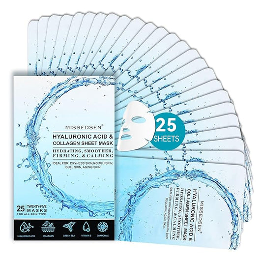 MISSEDSEN Collagen Face Mask with Hyaluronic Acid, Vitamin E Oil for Skin Care Hydrating, Moisturizing, Brightening & Anti Aging Face Masks Skincare for Oil, Dry, Acne, Sensitive All Skin Types 25PCS