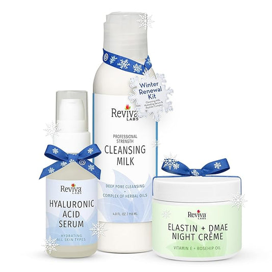 Reviva Labs Winter Renewal Skincare Gift Set – 3-Pc Face Care Kit with Cleansing Milk, Hyaluronic Acid Serum, and Elastin + DMAE Night Creme – Cleansing, Moisturizing & Firming Skincare Set for Women