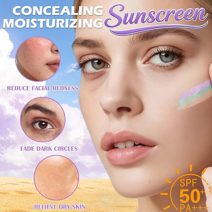 3 In 1 Primer for Face Before Makeup,SPF 50 PA++,Sunscreen Isolation Cream,One Step Color Corrector Primer,Blurs Facial Serum Oil Control &Moisturizing Skin Tone Correcting,Tinted Moisturizer with Spf