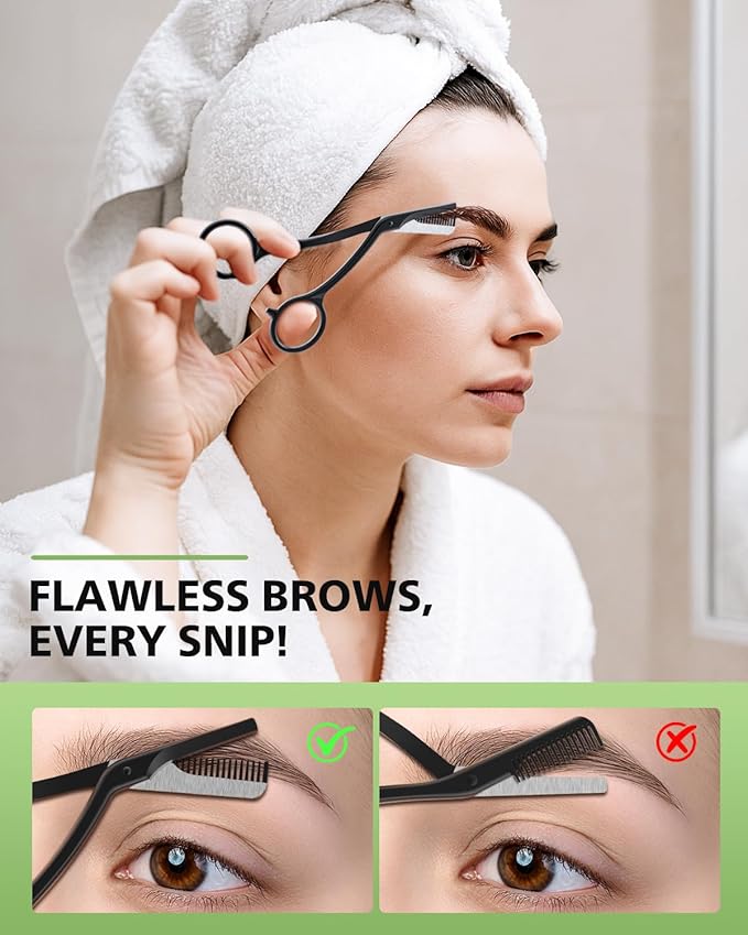 BALUCA Eyebrow Scissors with Comb | Professional Stainless Steel Eyebrow Trimmer for Women & Men | Dual-Design Precision Eye Brow Trimmer Scissors for Effortless Grooming, Silver (Black)