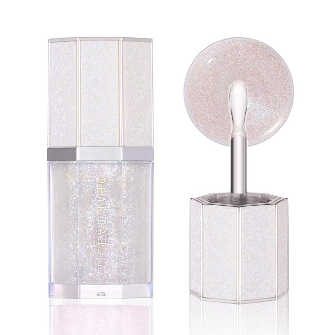 DEAR DAHLIA Paradise Sparkle Lip Glaze (Crystal) - High-Shine Vegan Lip Gloss for Lightweight with Glitter & Shimmer Finish, Cooling Lip Plumper, Non-Sricky Oil & Hydrating Finish. 0.19 fl oz.