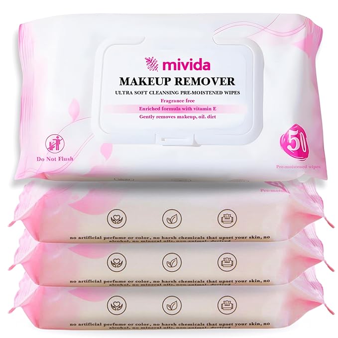 mivida Hypoallergenic Makeup Remover Wipes Bulk With Vitamin E, 200 count (4×50) Value Pack, Fragrance Free Makeup Wipes For Sensitive Skin, Alcohol Free Facial Make up Remover