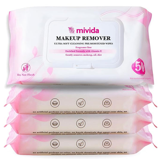 mivida Hypoallergenic Makeup Remover Wipes Bulk With Vitamin E, 200 count (4×50) Value Pack, Fragrance Free Makeup Wipes For Sensitive Skin, Alcohol Free Facial Make up Remover