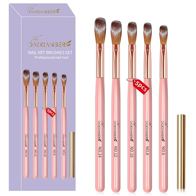 DAIXIANGER 5Pcs Acrylic Nail Art Brush Set -Size 6/8/10/12/14, Rose Gold Handle Nail Brushes for Acrylic Application Powder & Nail Extension, 3D Nail Carving Tools for DIY Home Salon Manicure