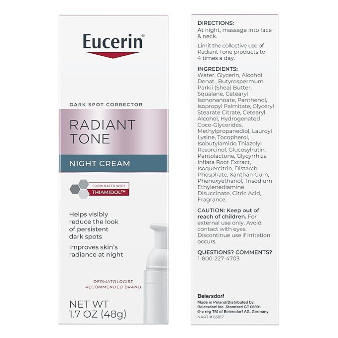 Eucerin Radiant Tone Night Cream, Dark Spot Corrector with Thiamidol, Night Moisturizer for Face Helps Visibly Reduce the Look of Dark Spots, All Skin Types, Holiday Gifts for Self Care, 1.7 Oz Bottle