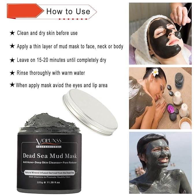 Voluxss Dead Sea Mud Mask for Face and Body,Deep Cleansing Face Mask for Acne,Pore Minimizer,Natural Skincare Charcoal Blackheads Remover,Skincare Spa Clay Facial Mask for Women & Men 11.28fl.oz