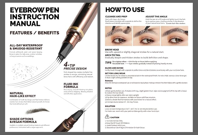 2 Pack Eyebrow Pen, Waterproof Microblading Eyebrow Pencil, 4 Tip Precise Eye Brow Makeup Pen for Women to Effortlessly Create Hair Like Natural Brows, Non Dry Out and Last All Day (Black)
