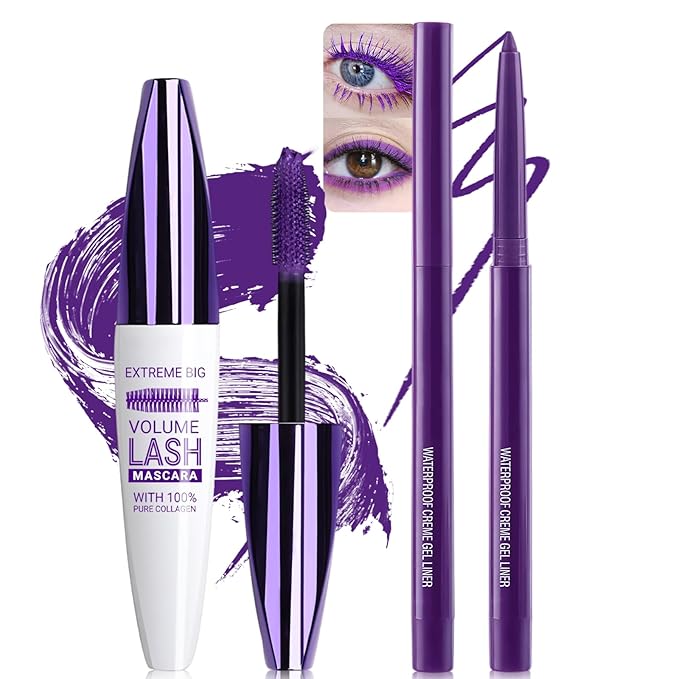 Purple Eyeliner Mascara Set, 5D Colored Mascara Volume Length Smudge-Proof Smooth Shine Gel Eyeliner Pencil Waterproof Natural Curling Purple Mascara for Eyelashes Makeup for Women