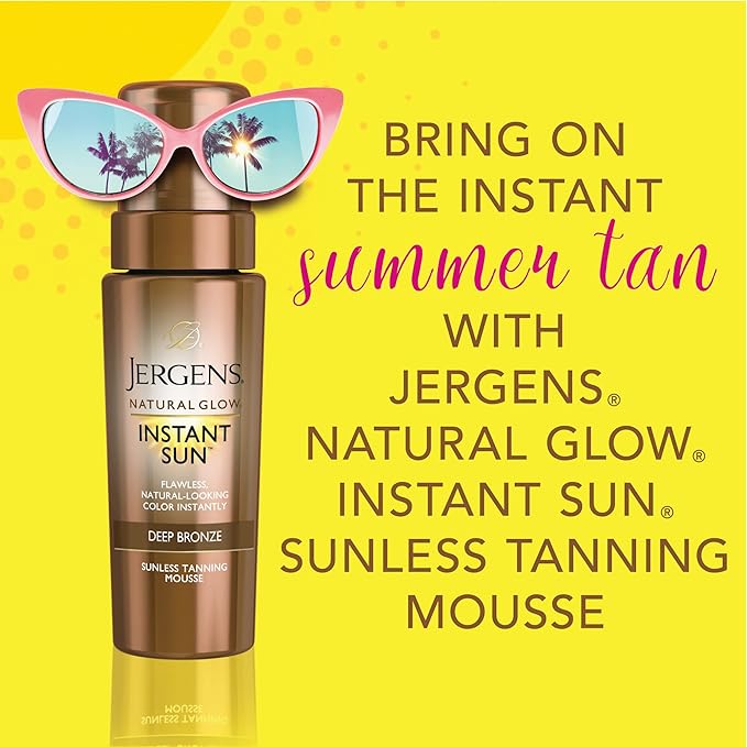 Jergens Natural Glow Instant Sun Body Mousse, Self Tanner for Deep Bronze Tan, Sunless Tanning Body Bronzer for Natural Looking Color Instantly, 6 Oz, Pack of 2