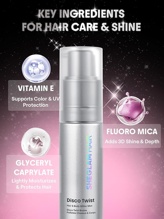 SHEGLAM Hair & Body Glitter Mist Spray - Shimmering Sparkle Makeup for Parties, Festivals, Cosplay, Halloween - Long Lasting, Non-Clogging, Easy Wash Off, 0.3 Fl Oz (Pink)