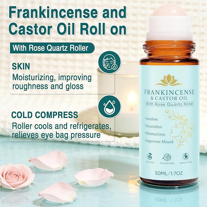 VOGUZY Frankincense and Castor Oil, Castor Oil Roll On with Rose Quartz, Pure, Organic, Cold-Pressed, Firms Skin,Reducing Fine Lines, Suitable for Face, Neck, Abdomen