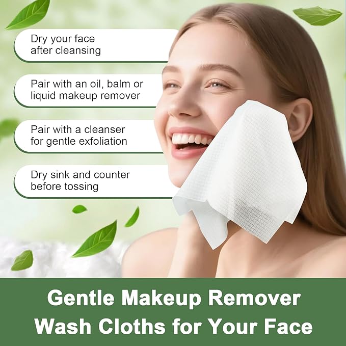 Face Towels Disposable, 12” x 10” Biobased Facial Towelettes, Large Soft & Thick Dry Wipes for Gentle Skincare, Face Washing & Makeup Removal, Lint-Free Clean Facial Towels, 100 Count