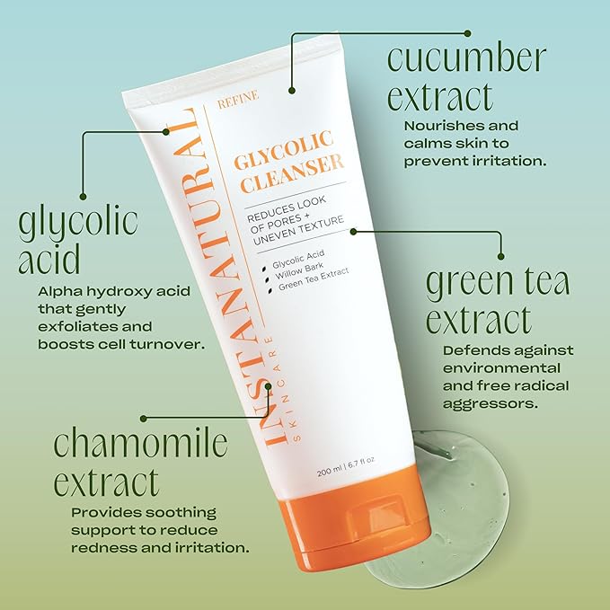 InstaNatural Glycolic Acid Cleanser Face Wash for Women & Men, Gently Exfoliating, Pore Minimizer, Anti Aging, Blackhead Remover, Acne Facial Treatment with Botanical Extracts, 6.7 Fl Oz