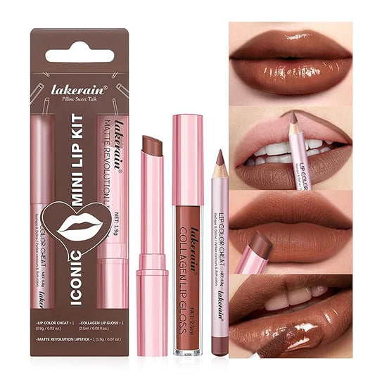 BestLand 3PCS Lip Liner and Lipstick Combo Set - Matte Lip Liner Pencil, Velvet Matte Lipstick & Hydrating Collagen Lip Gloss - Long-Lasting, Smudge-Proof, Nude Brown Lip Makeup Kit (#4 Nude Brown)