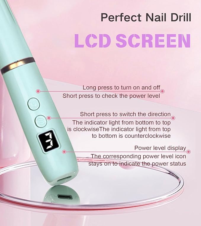 HengYuaoler Electric Nail Drill Machine File Efile Set for Acrylic Gel Nails Portable Nail Drill Machine Kit Rechargeable Pedicure Tools for Hand Feet Manicure Pedicure Tools Polishing Set(Blue)