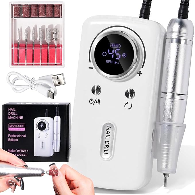 ANRLO Professional Electric Nail Drill, 45000 RPM Cordless Rechargeable E-File Machine, with 12 Bits, Sanding Bands, LCD Display for Acrylic Gel Nails (DMJ-V1-White)
