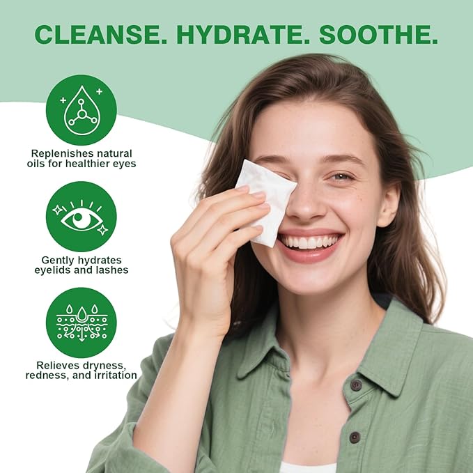 60PCS Tea Tree Oil Eyelid Wipes – Individually Wrapped Eye Lid Cleaning Wipes，Soothing For Sensitive Eyes, Stay Hydrated Lid Wipe