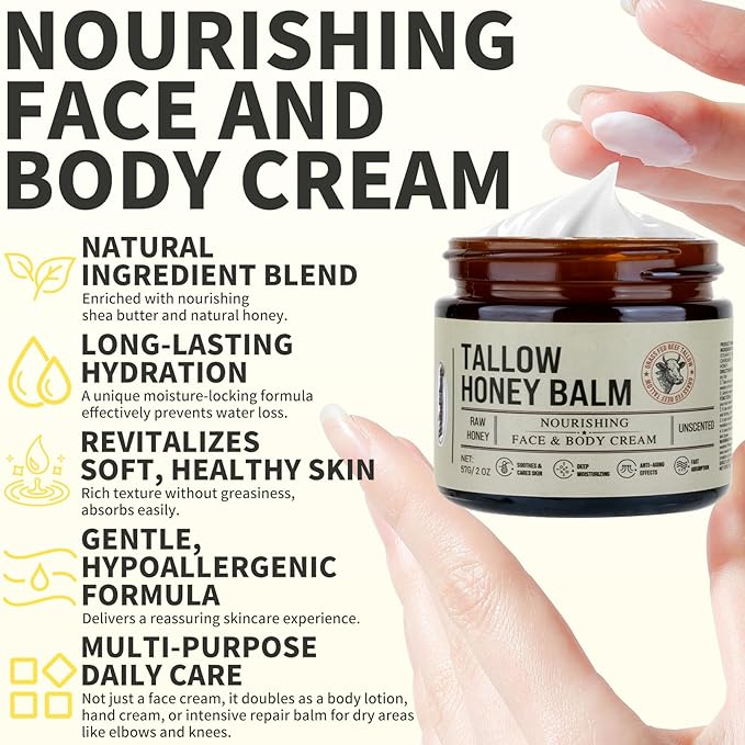 Organic Grass Fed Beef Tallow and Honey Balm Natural Moisturizing Cream for Soft Smooth Skin Ideal for Eczema Rosacea Baby Skin Care Handmade Nourishing Tallow for Face Great Stocking Stuffers-2 Oz