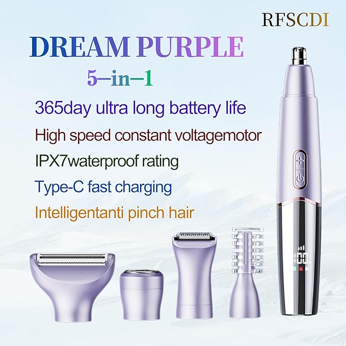 5-in-1 Rechargeable Nose & Eyebrows Hair Trimmer - IPX7 Waterproof Dual Edge Grooming Kit for Men & Women, Perfect for Hair Removal of Nose, Facial, Arm, Bikini, and Ear Hair (Purple)