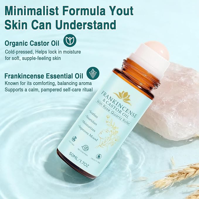 VOGUZY Frankincense and Castor Oil, Castor Oil Roll On with Rose Quartz, Pure, Organic, Cold-Pressed, Firms Skin,Reducing Fine Lines, Suitable for Face, Neck, Abdomen