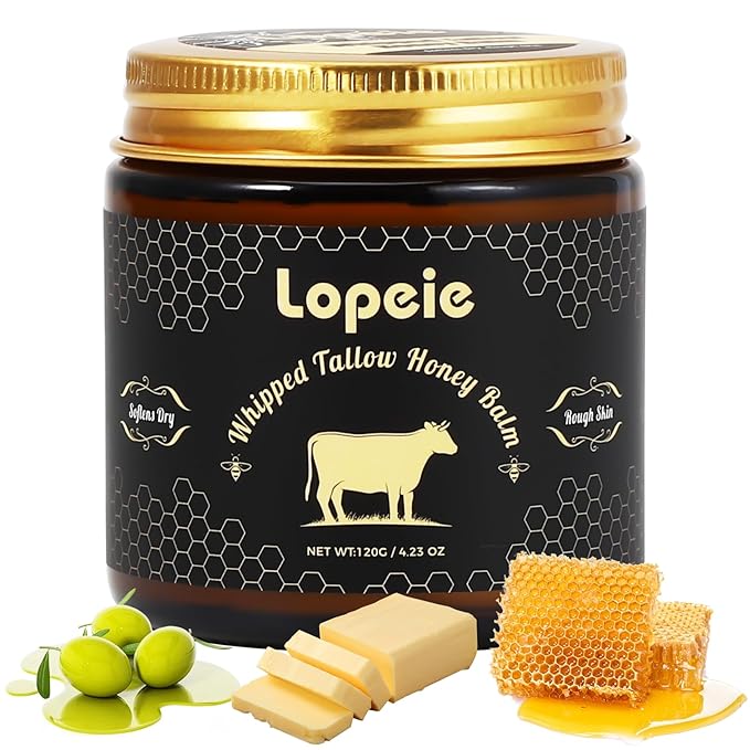 Lopeie Upgraded 4.23 Oz Organic Beef Tallow for Skin & Face – Whipped Grass-Fed Tallow and Honey Balm for Dry, Sensitive Skin, Natural Hydrating Anti Aging Face Moisturizer with Raw Honey (Unscented)